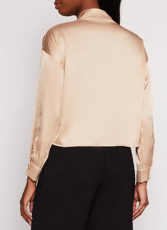 Satin Button Front Cropped Blouse