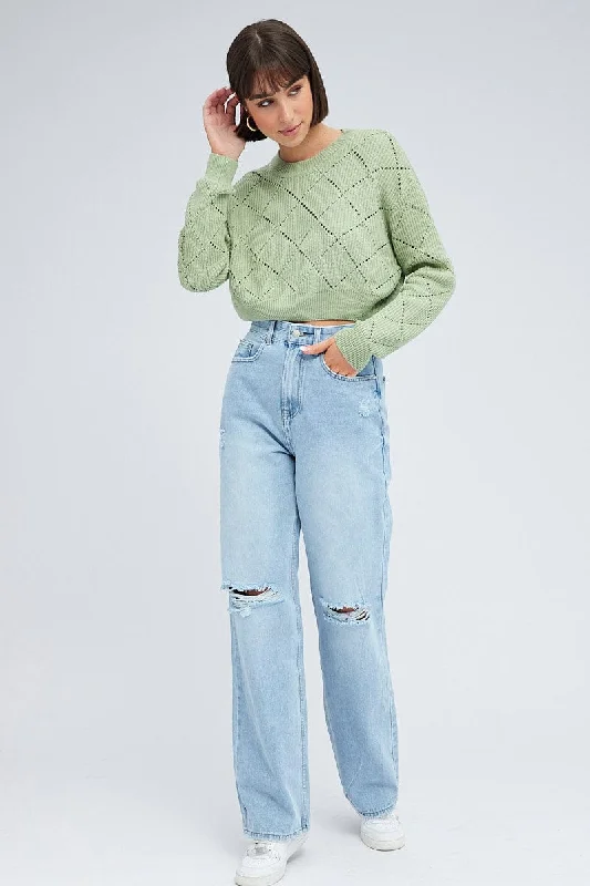 Green Knit Jumper Long Sleeve Crew Neck