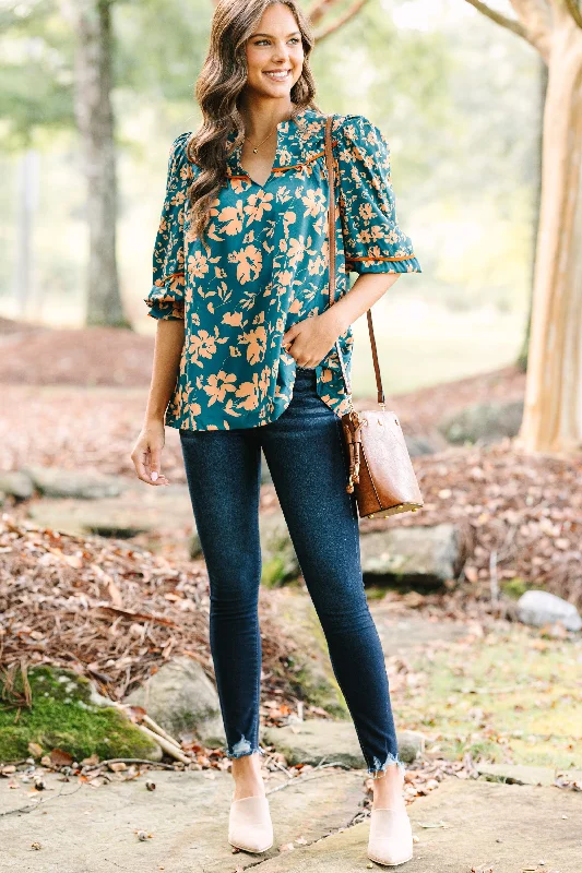 Just For Me Teal Green Floral Blouse