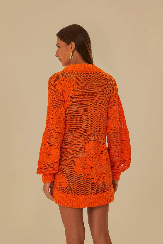 Orange Embroidered Knit Cardigan