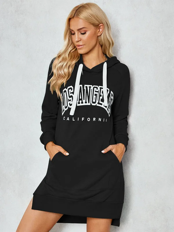 Solid Hoodie Dress with Kangaroo Pocket & Letter Print