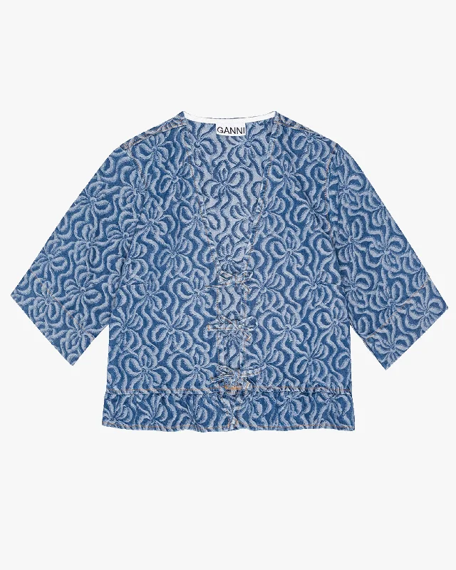 Jacquard Flounce Tie Blouse