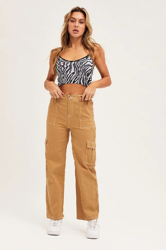 Beige Cargo Pants Out Pocket