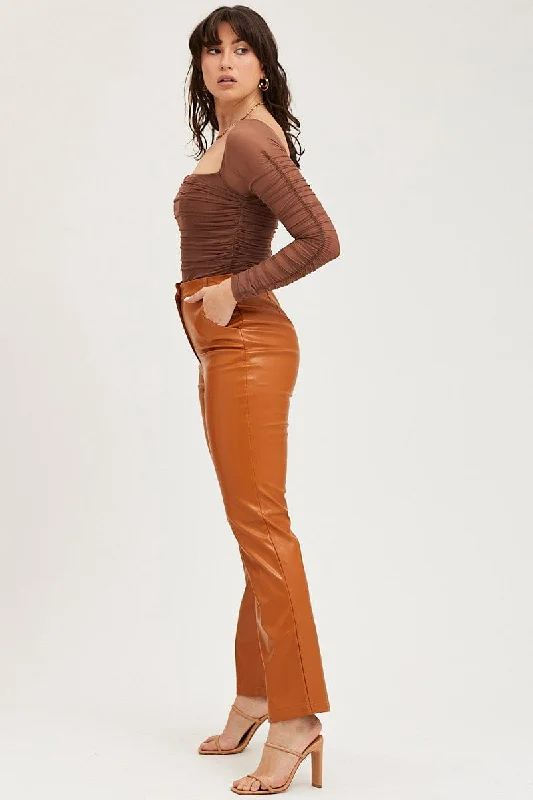 Beige Flare Pants High Rise Faux Leather