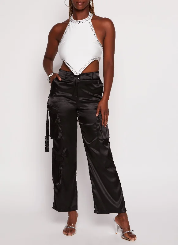 Satin High Waisted Wide Leg Cargo Pants