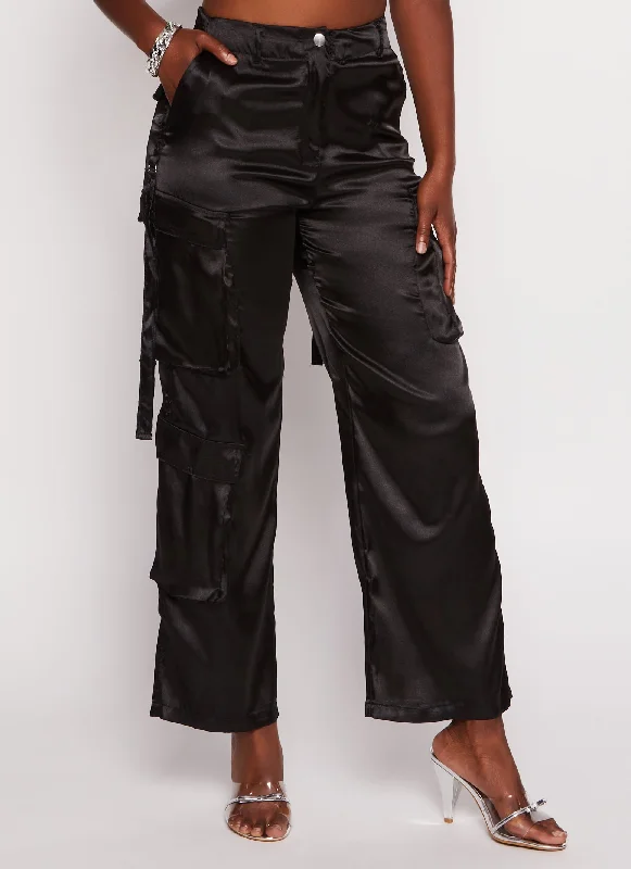 Satin High Waisted Wide Leg Cargo Pants