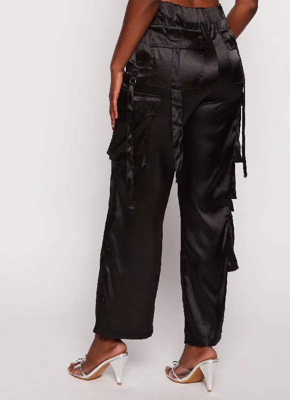 Satin High Waisted Wide Leg Cargo Pants