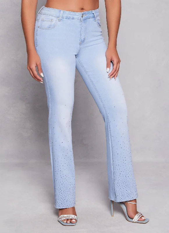 WAX Rhinestone Raw Hem Boot Cut Jeans