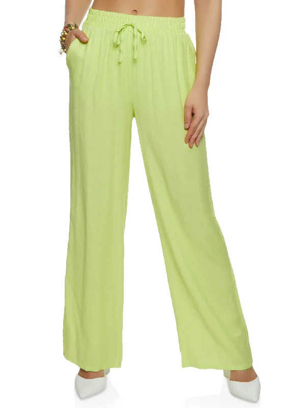 Solid Gauze Knit Faux Drawstring Wide Leg Pants