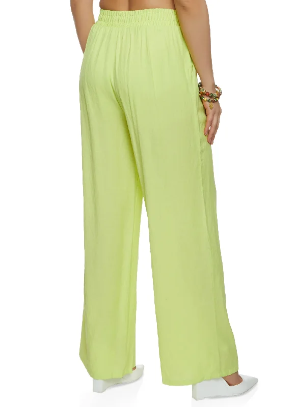 Solid Gauze Knit Faux Drawstring Wide Leg Pants