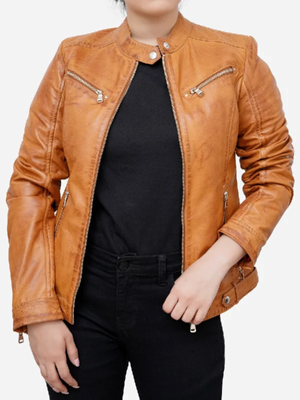 Maria Casual Distressed Brown Leather Biker Jacket