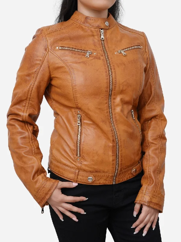 Maria Casual Distressed Brown Leather Biker Jacket