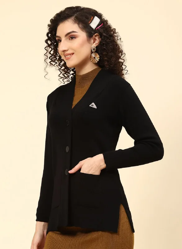 Women Black Solid Pure wool Cardigan