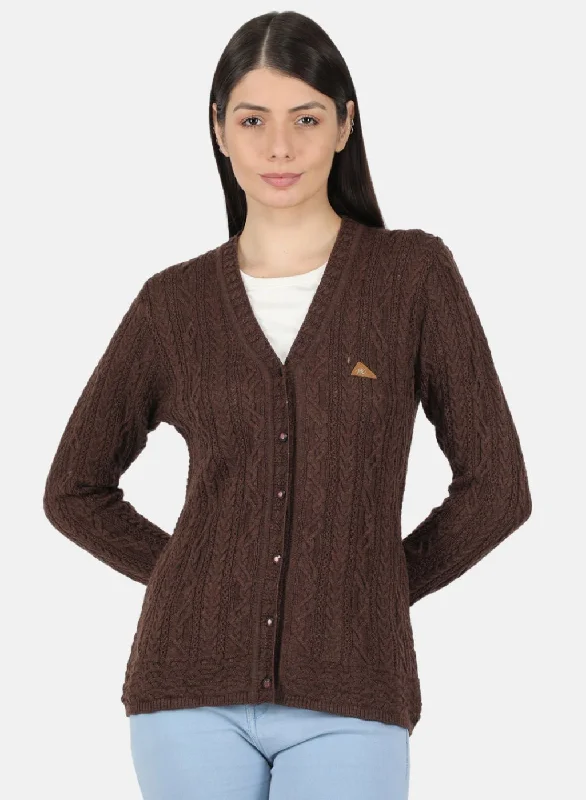 Women Brown Self Design Cardigan