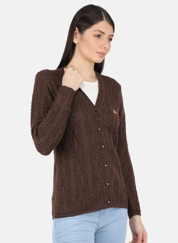 Women Brown Self Design Cardigan