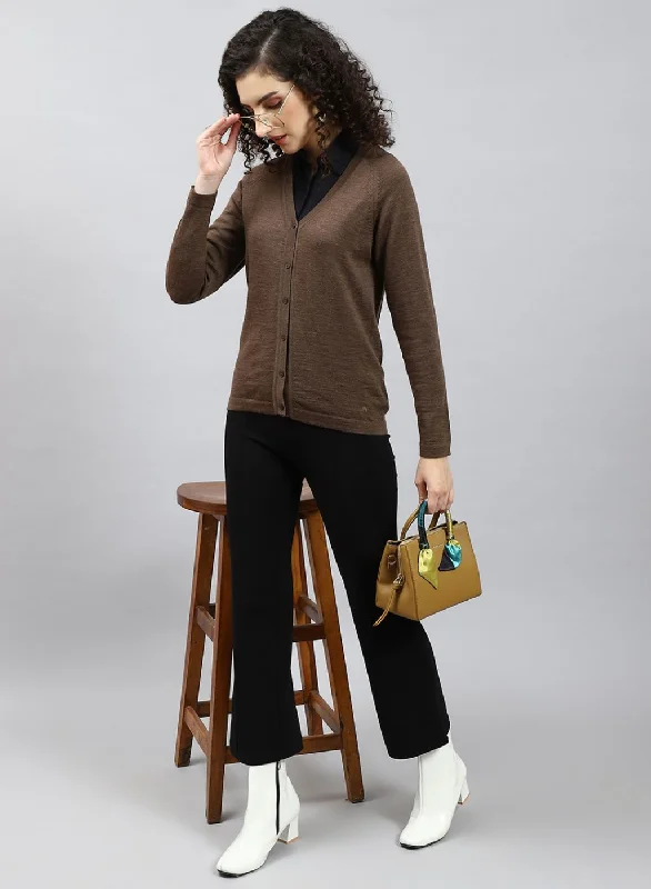 Women Brown Solid Pure wool Cardigan