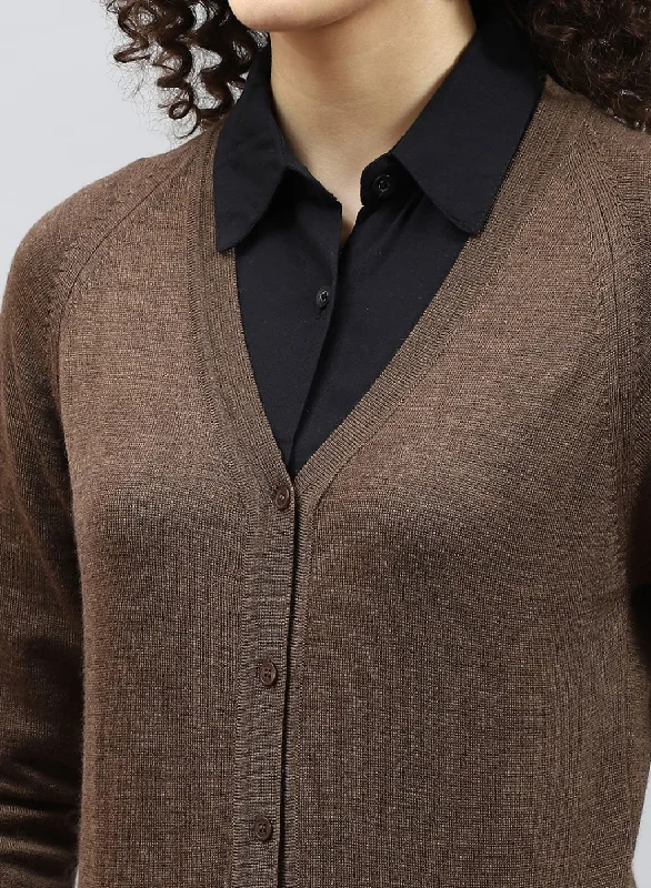 Women Brown Solid Pure wool Cardigan