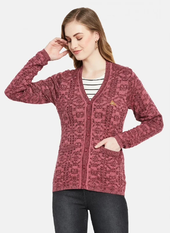 Women Maroon Self Design Cardigan