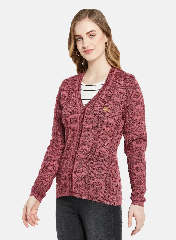 Women Maroon Self Design Cardigan