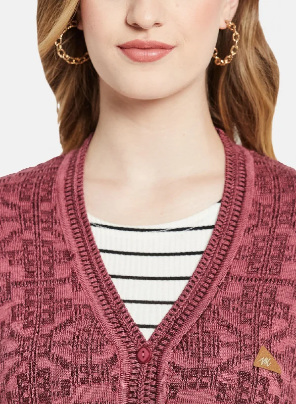 Women Maroon Self Design Cardigan