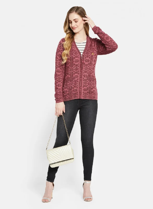 Women Maroon Self Design Cardigan