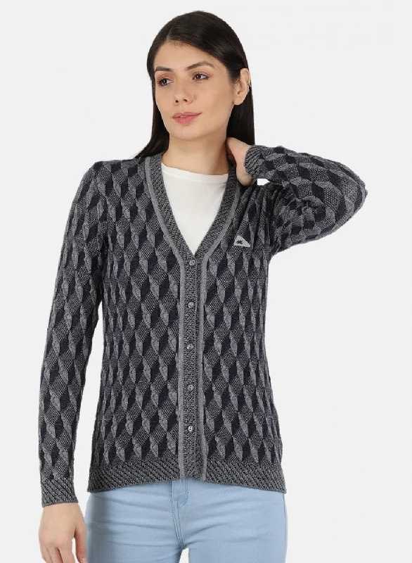 Women Navy Blue Self Design Cardigan