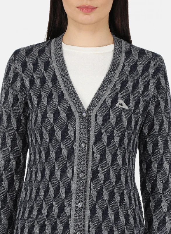 Women Navy Blue Self Design Cardigan