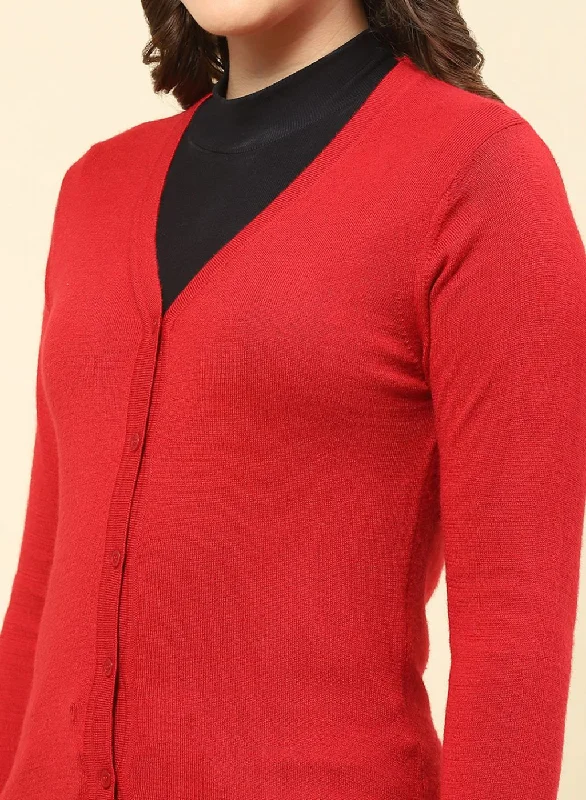 Women Red Solid Modal Nylone Cardigan