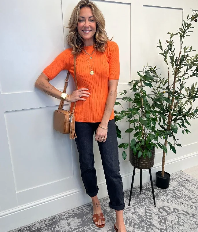 Orange Ribbed Short Sleeve Jumper