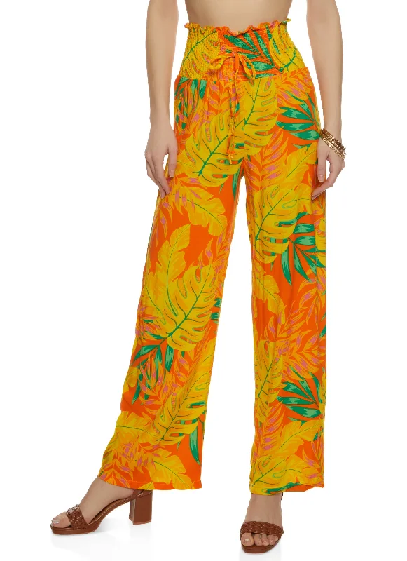 Smocked Waist Tropical Print Wide Leg Pants