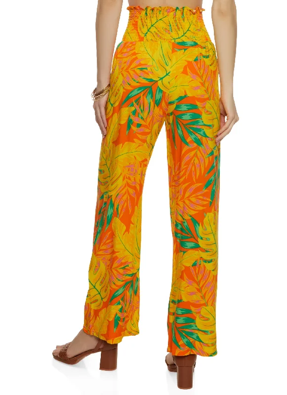 Smocked Waist Tropical Print Wide Leg Pants