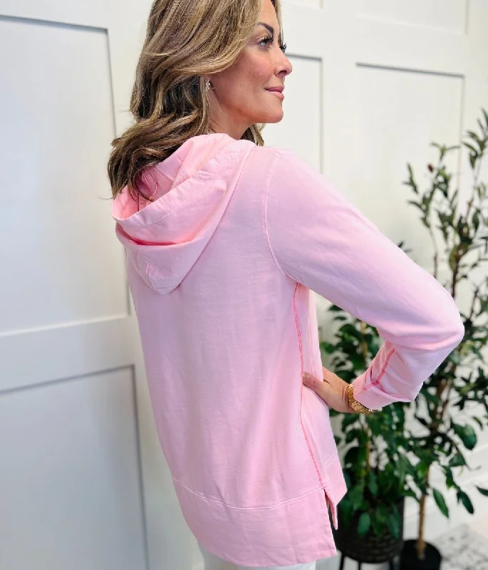 Pink Cotton V Neck Hoodie