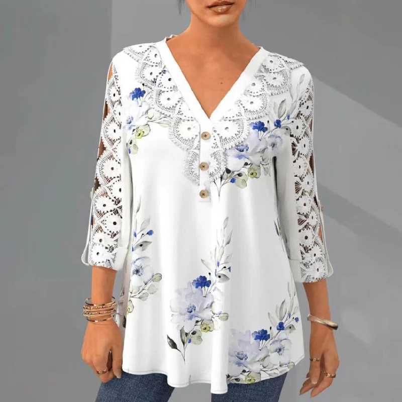 Printed Lace Loose Sleeve Casual Shirt Blouses