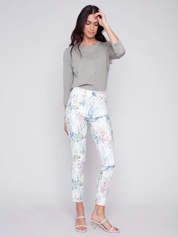 Printed Twill Pants with Hem Slit - Hawaii