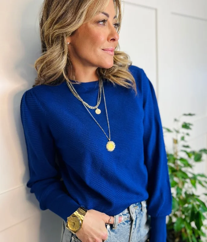 Royal Blue Textured Blouson Sleeve Jumper