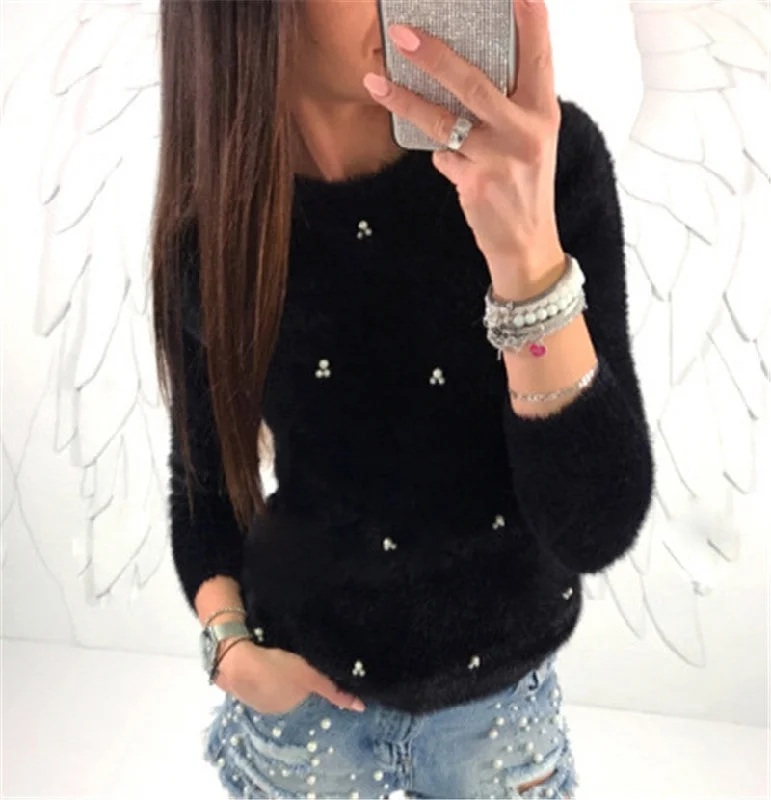 Trendy Fashionable Plush Bead Long Sleeve Sweaters