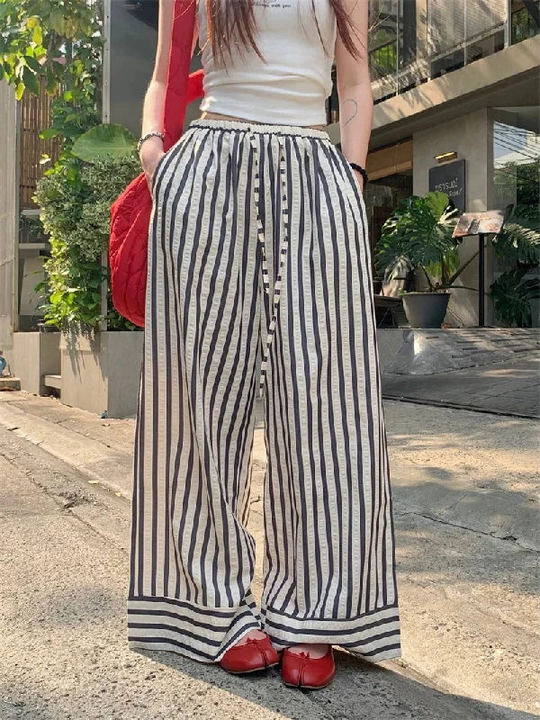 Vertical Striped Drawstring Elastic High Waist Casual Wide Leg Korean Fashion Pants