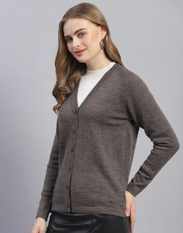 Women Grey Solid V Neck Full Sleeve Cardigan