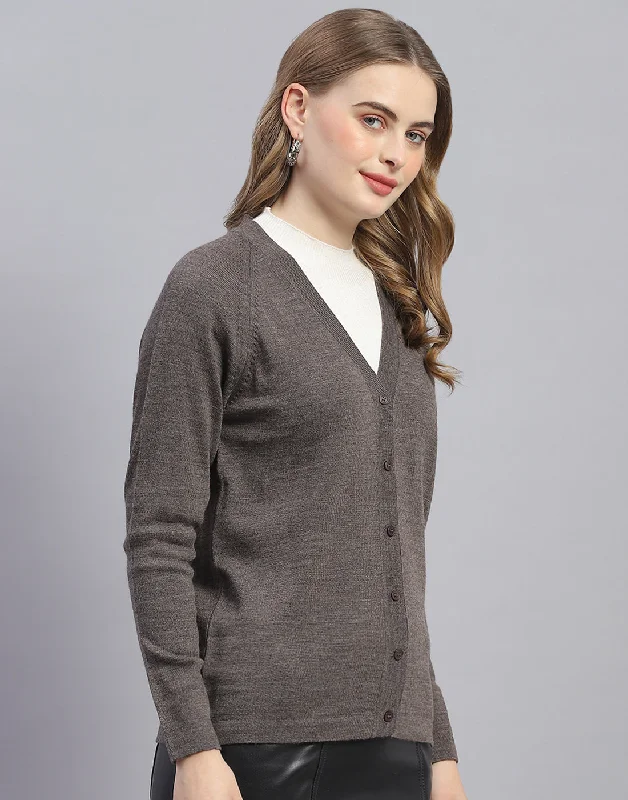 Women Grey Solid V Neck Full Sleeve Cardigan