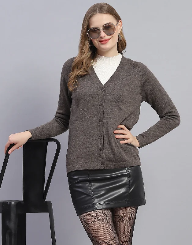 Women Grey Solid V Neck Full Sleeve Cardigan