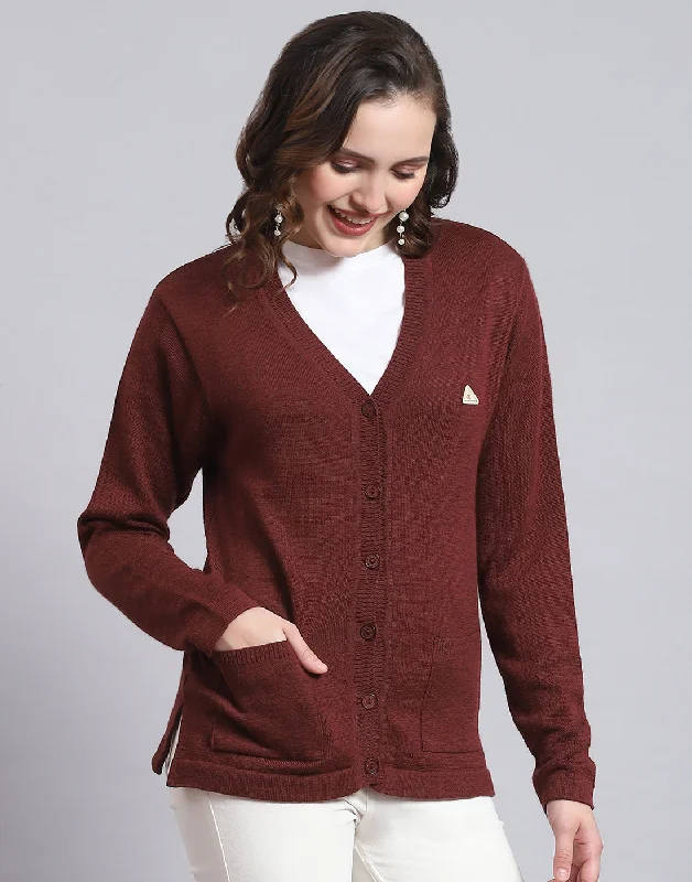 Women Maroon Solid V Neck Full Sleeve Sweater