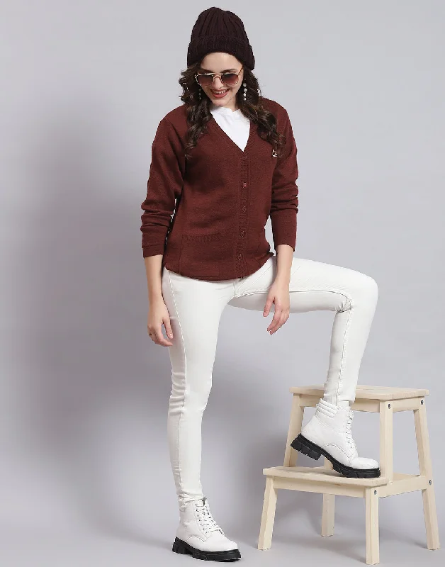 Women Maroon Solid V Neck Full Sleeve Sweater