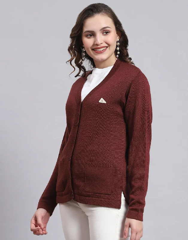 Women Maroon Solid V Neck Full Sleeve Sweater