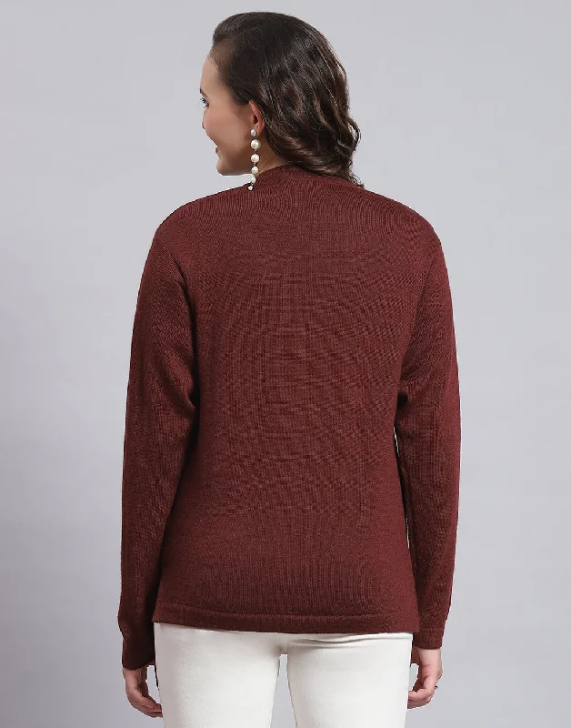 Women Maroon Solid V Neck Full Sleeve Sweater