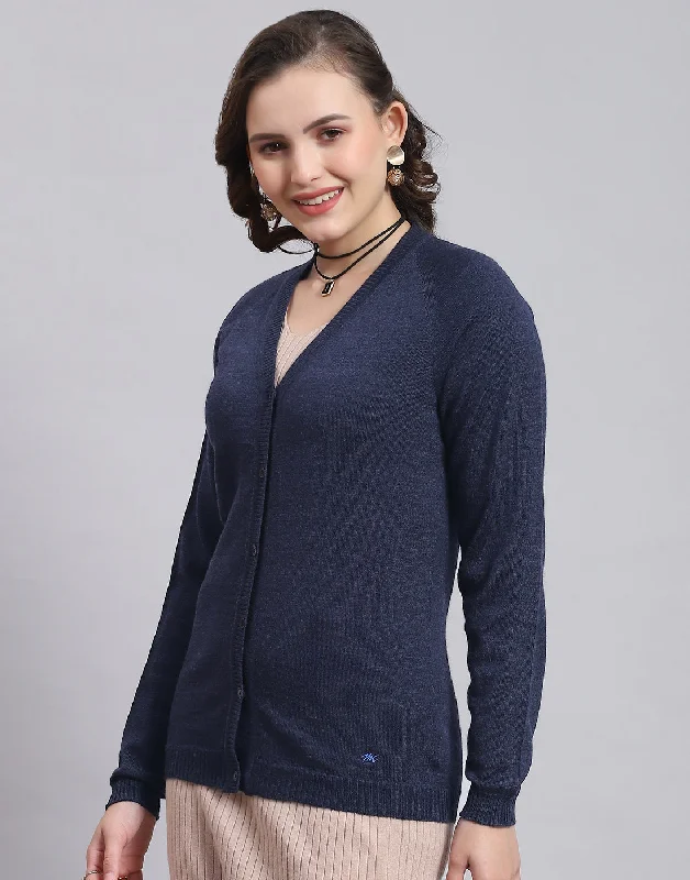 Women Navy Blue Solid V Neck Full Sleeve Sweater