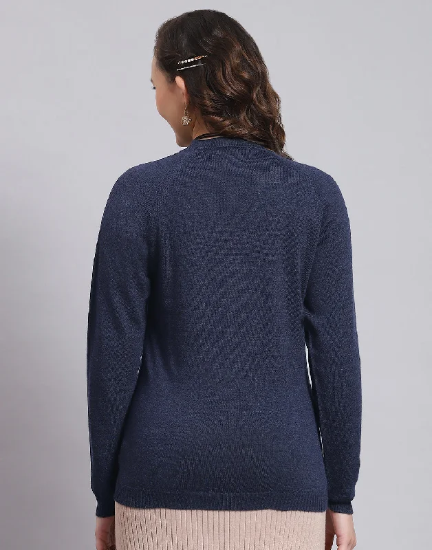 Women Navy Blue Solid V Neck Full Sleeve Sweater