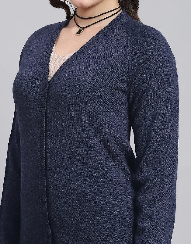 Women Navy Blue Solid V Neck Full Sleeve Sweater