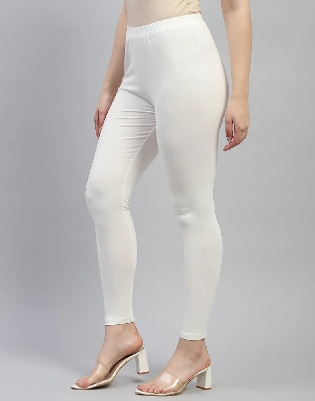 Women Off White Solid Regular Fit Legging