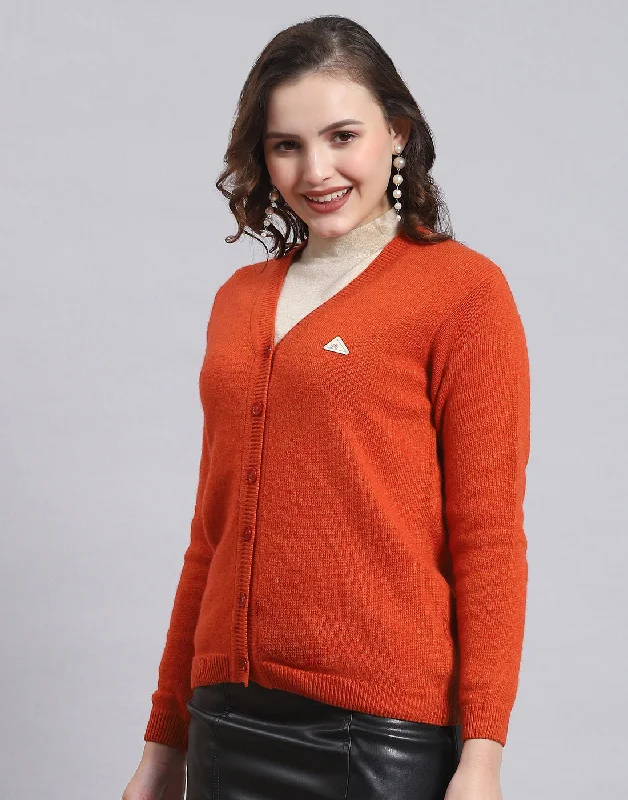 Women Orange Solid V Neck Full Sleeve Sweater