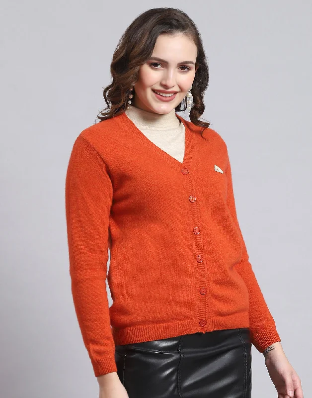 Women Orange Solid V Neck Full Sleeve Sweater